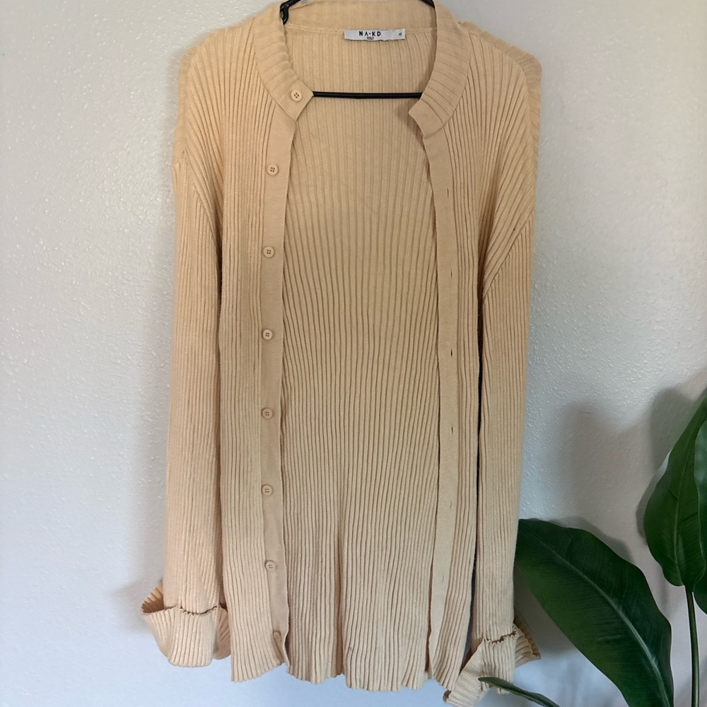 NA-KD Cream Ribbed Button Cardigan